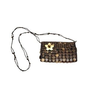 Vintage Hawaiian Puka Shell Coconut Bead Crossbody Purse Top Zip Brown & Cream